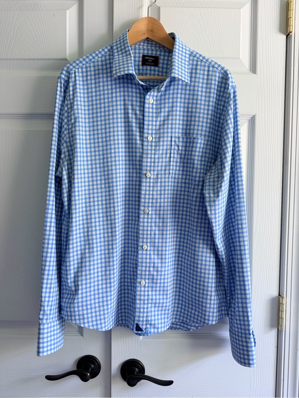 UNTUCKit Stevens Performance Shirt Large Slim Fit Blue White Gingham Stretch